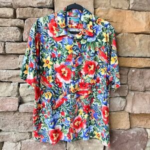 VTG Joe Kealoha Large Mens Hawaiian Parrot Floral Tropical Rayon Button Up Shirt